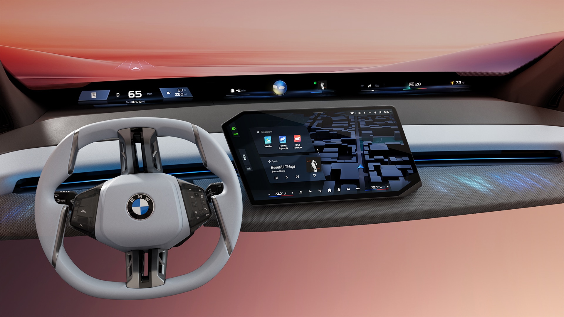 BMW Panoramic iDrive featuring BMW Panoramic Vision, Central Display, and Shy Tech steering wheel, offering an innovative, intuitive, and connected driver interface with a future-focused design.